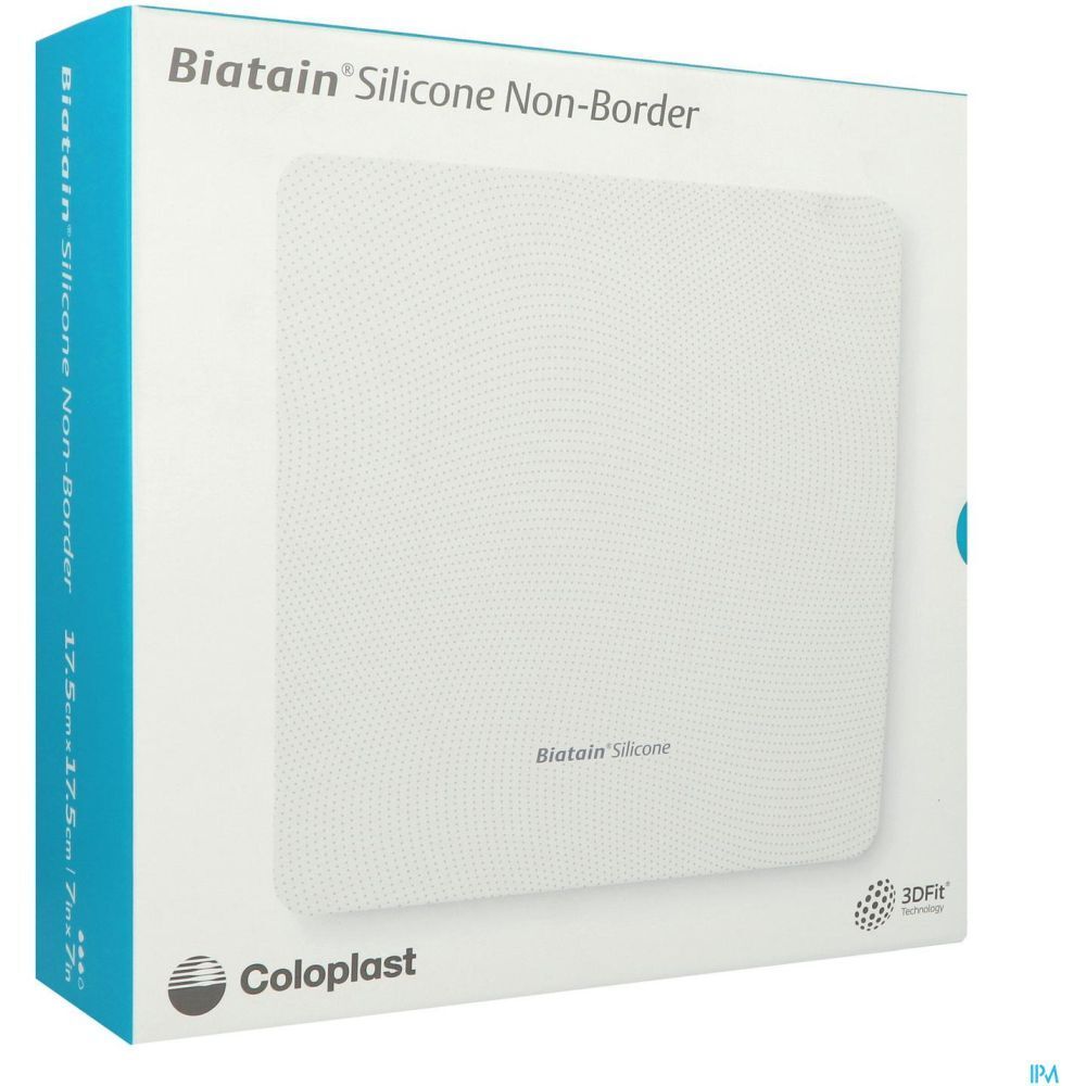Emballage de Biatain Silicone Non-Border. Pansement carré blanc en silicone. Fabricant : Coloplast. 17,5 cm x 17,5 cm.