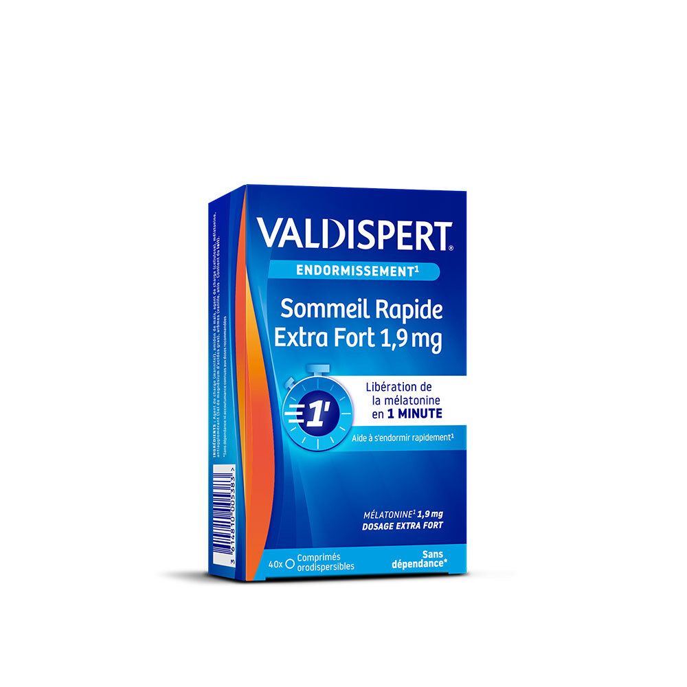 VALDISPERT Sommeil Rapide Extra Fort 1,9mg, 40 comprimés orodispersibles. Libération rapide en 1 minute.