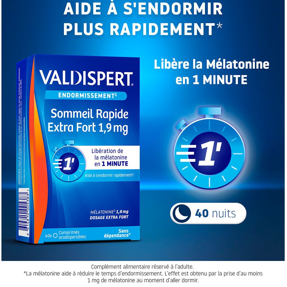 VALDISPERT Sommeil Rapide Extra Fort 1,9mg. Aide à s'endormir plus rapidement. Libère la mélatonine en 1 minute.