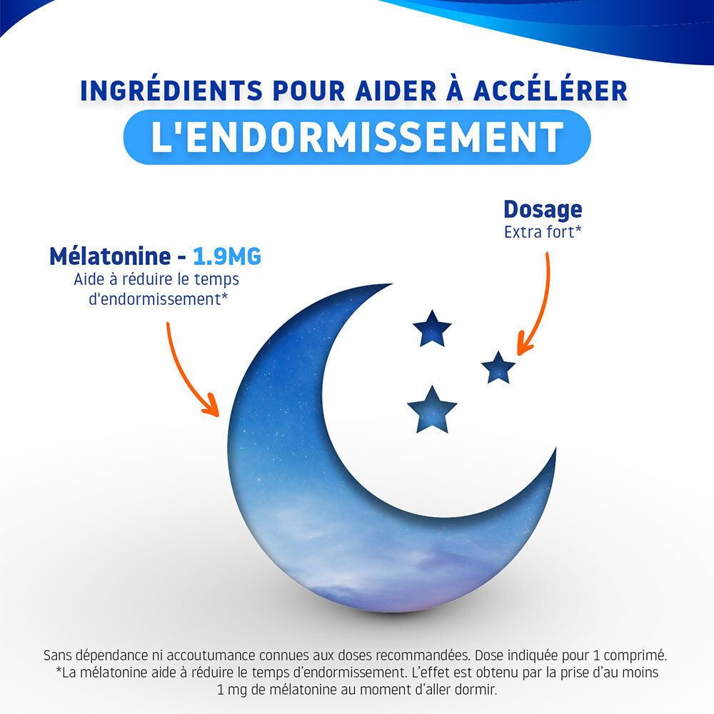 VALDISPERT Sommeil Rapide Extra Fort 1,9mg. Mélatonine 1,9mg pour réduire le temps d'endormissement. Motif lune et étoiles.