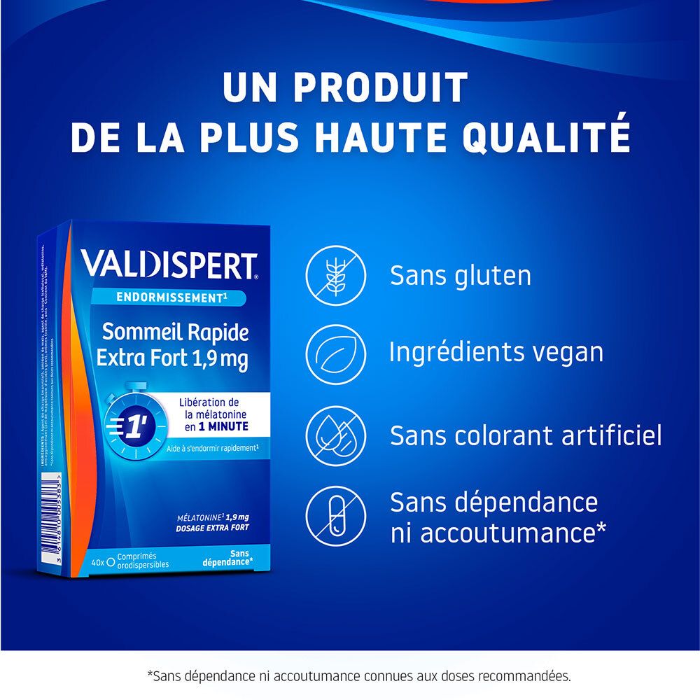 VALDISPERT Sommeil Rapide Extra Fort 1,9mg. Sans gluten, ingrédients vegan, sans colorant, sans dépendance.