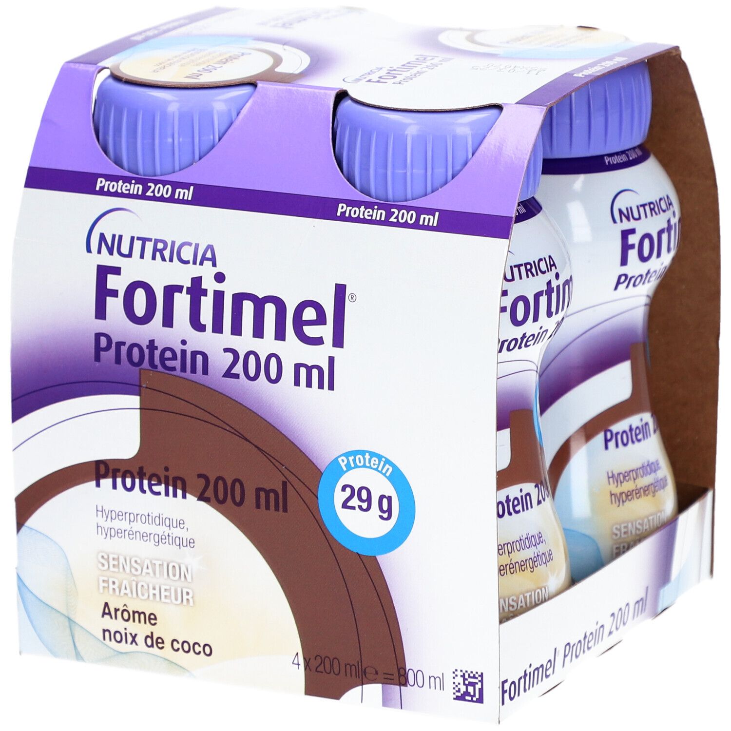 Emballage de 4 bouteilles Fortimel Protein 200 ml, goût noix de coco. Contient 29g de protéines. Marque Nutricia.