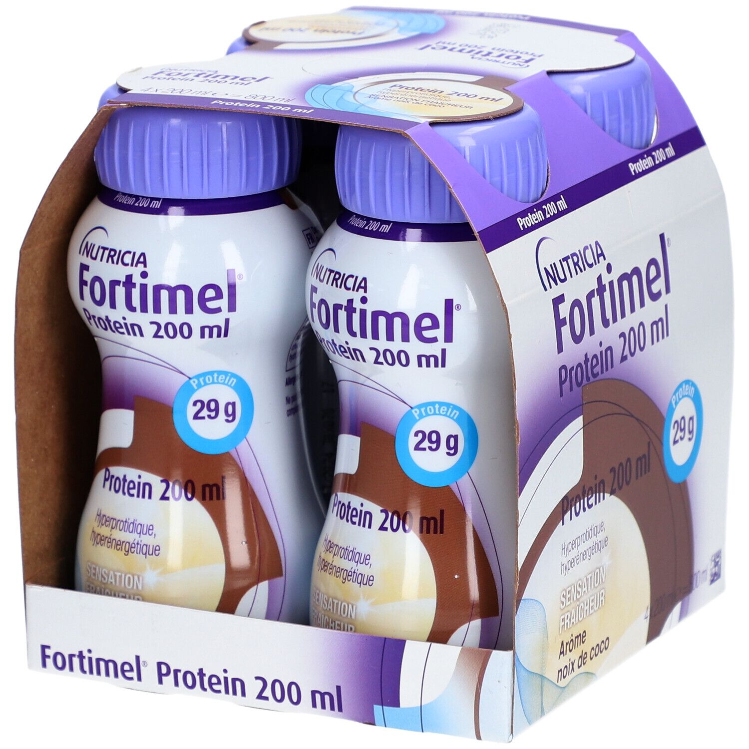 Emballage de 4 bouteilles Fortimel Protein 200 ml, goût noix de coco. Contient 29g de protéines. Marque Nutricia.