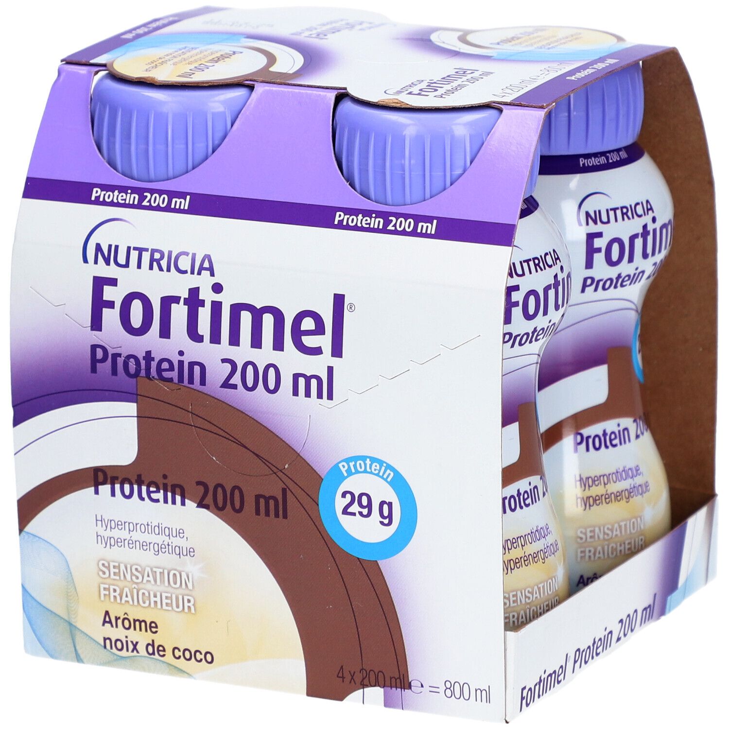 Emballage de 4 bouteilles Fortimel Protein 200 ml, goût noix de coco. Contient 29g de protéines. Marque Nutricia.