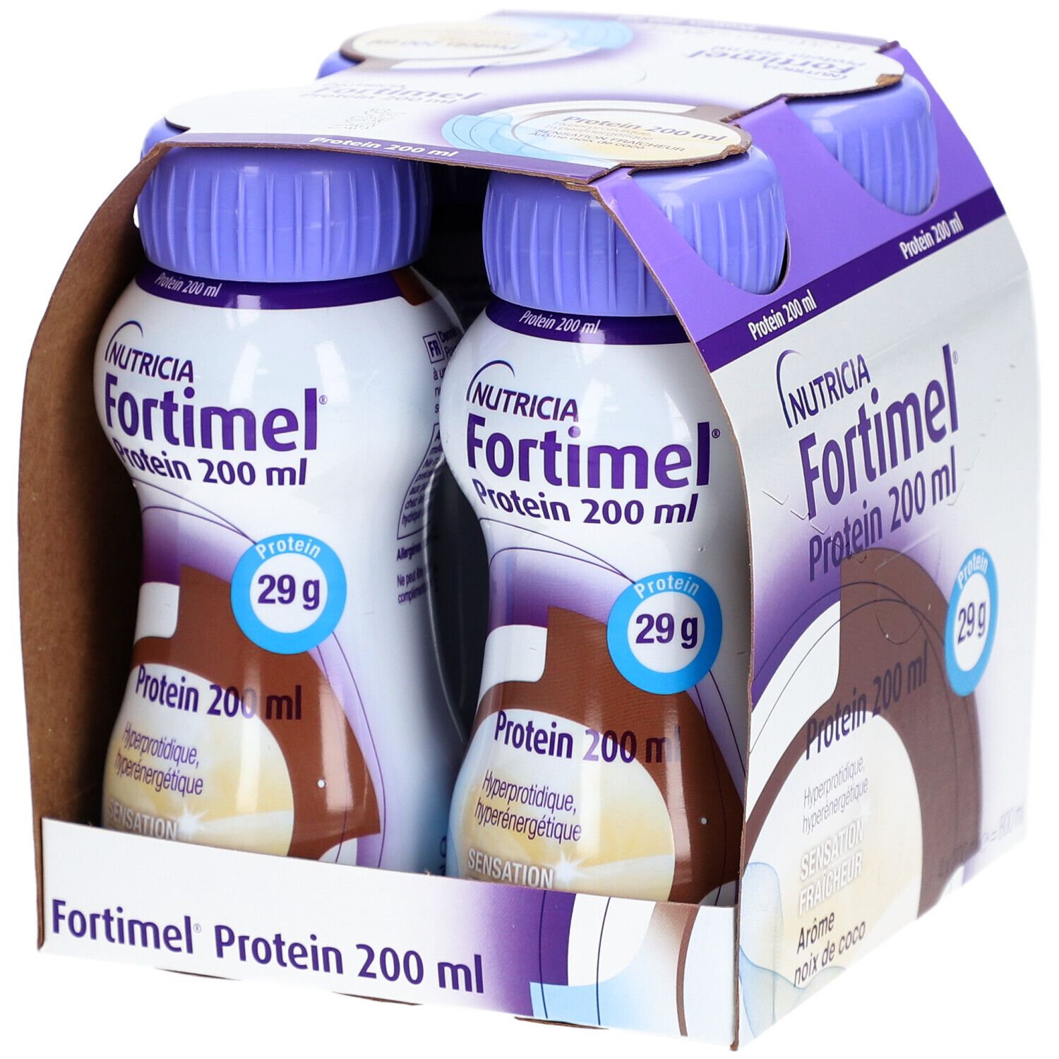 Emballage de 4 bouteilles Fortimel Protein 200 ml, goût noix de coco. Contient 29g de protéines. Marque Nutricia.