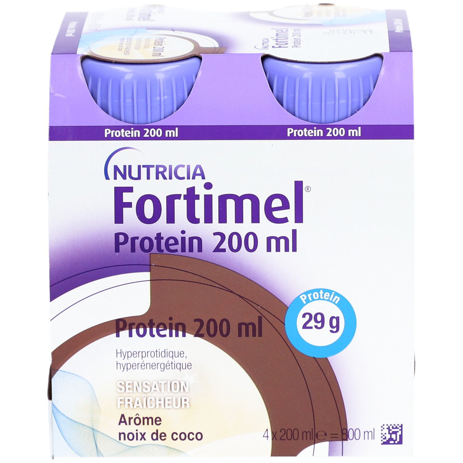 Emballage Fortimel Protein 200 ml, goût noix de coco. Contient 29g de protéines. Marque Nutricia. Texte: Protéines 200 ml.