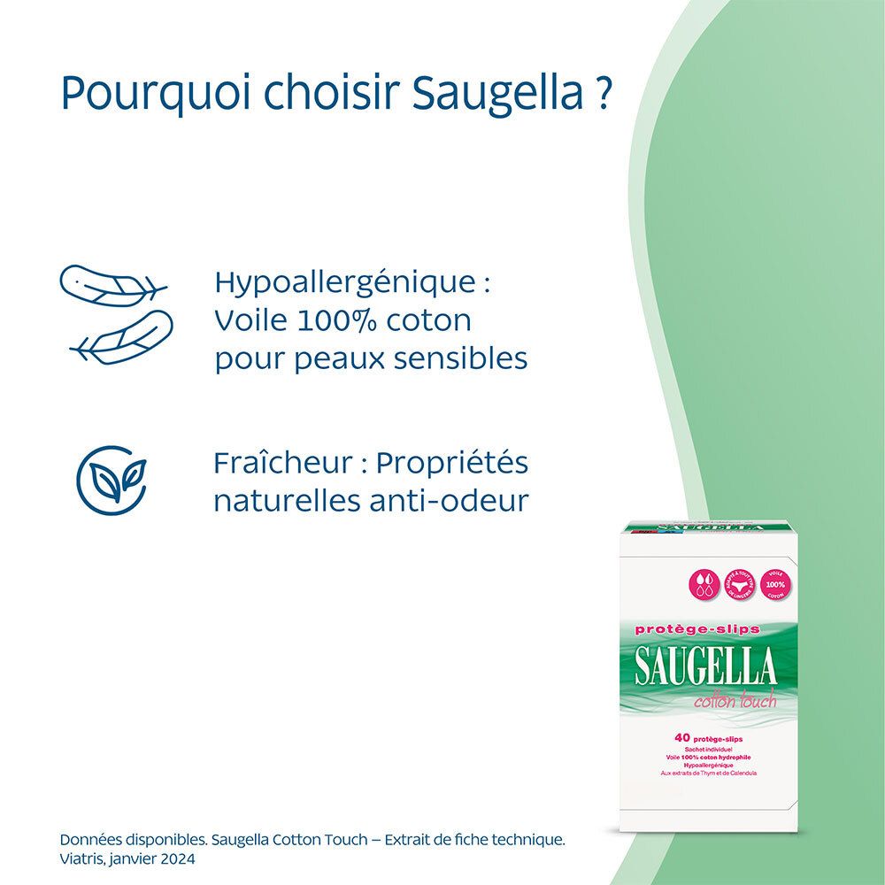 Saugella Cotton Touch - Protège-Slip Hypoallergénique & Doux - Tissu respirant et Fin pour Femmes - Propriétés Anti-Odeur - Peaux Sensibles - Pack de 40
