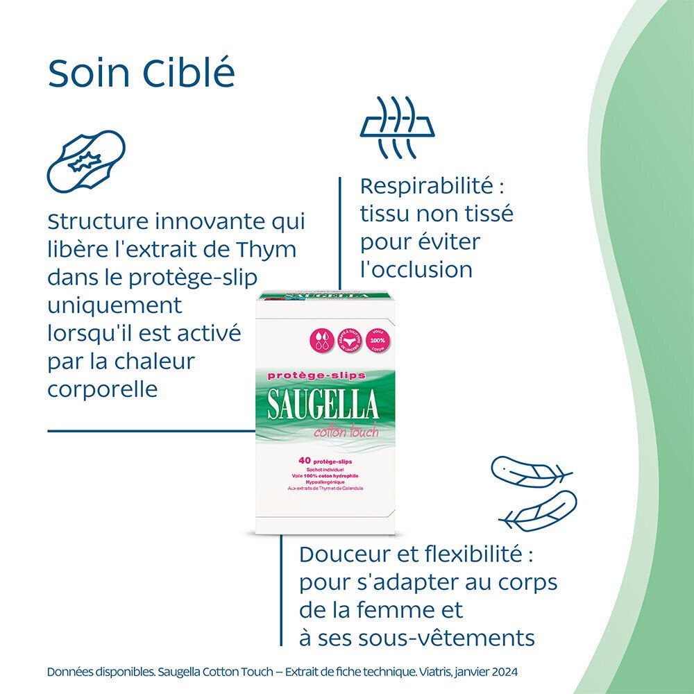Saugella Cotton Touch - Protège-Slip Hypoallergénique & Doux - Tissu respirant et Fin pour Femmes - Propriétés Anti-Odeur - Peaux Sensibles - Pack de 40