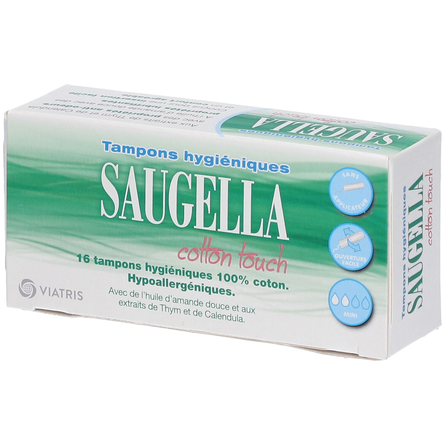 Tampons SAUGELLA Cotton Touch Mini. 16 tampons. 100% coton. Hypoallergéniques. Emballage avec logo et infos.