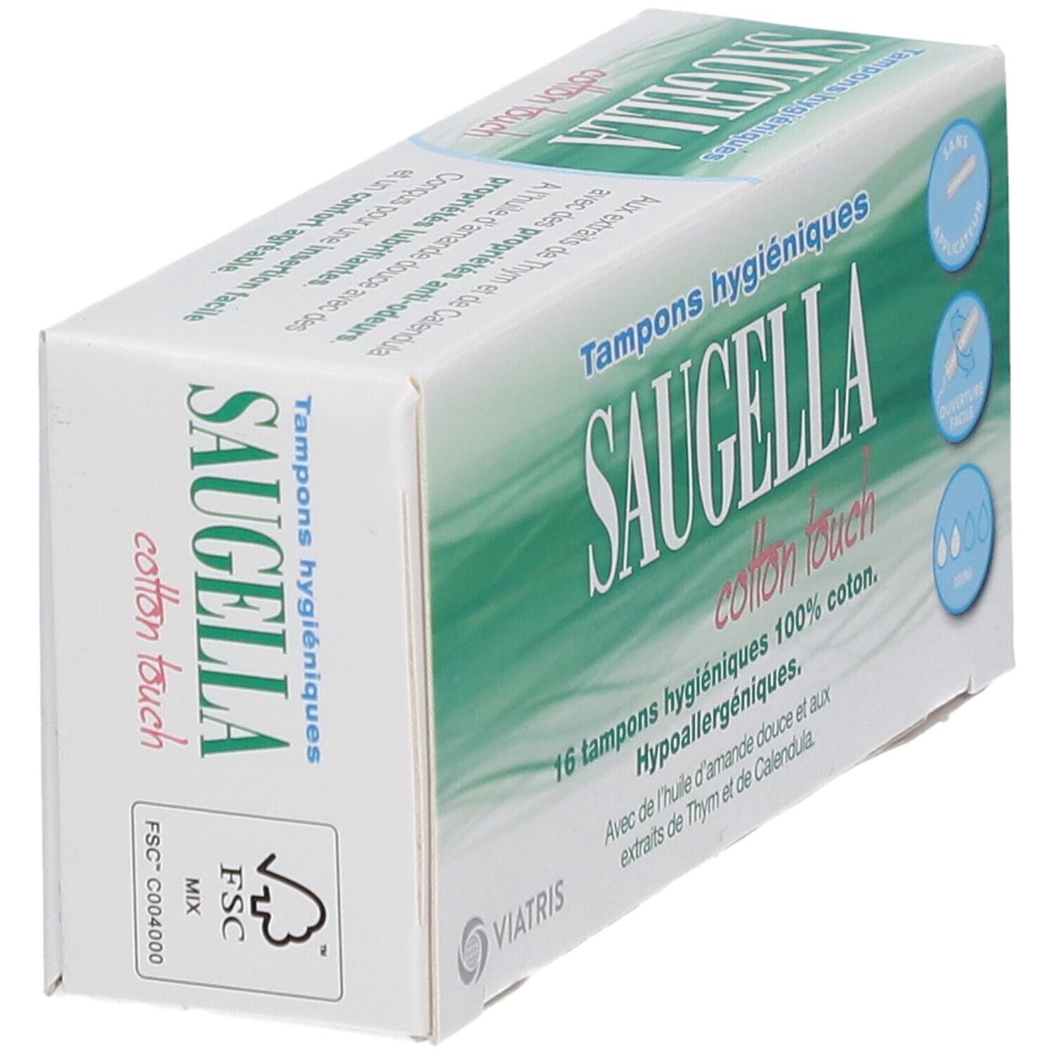 Tampons SAUGELLA Cotton Touch Mini. Emballage en biais. Logo, nom du produit, label FSC. Fond blanc.