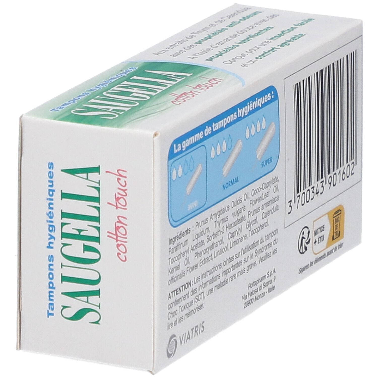 Dos de l'emballage des tampons SAUGELLA Cotton Touch Mini. Code-barres, ingrédients, comparaison des tailles.