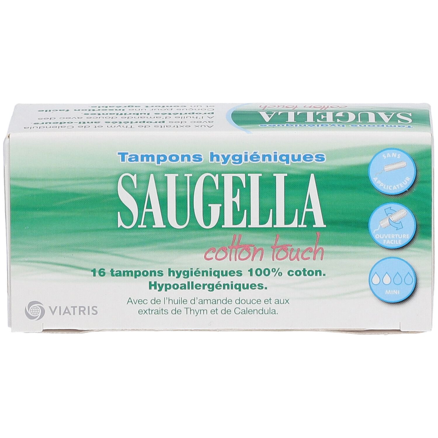 Tampons SAUGELLA Cotton Touch Mini. 16 tampons. 100% coton. Hypoallergéniques. Emballage avec logo et infos.