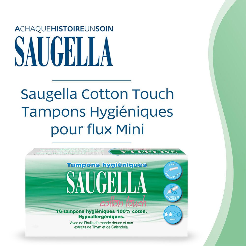 Saugella - Cotton Touch - Tampons Hygiéniques sans Applicateur - Flux Légers- 100% Coton - Hypoallergéniques, Confort et Sécurité - Enrichis en Thymol et en Huile d'Amande Douce - Pack de 16
