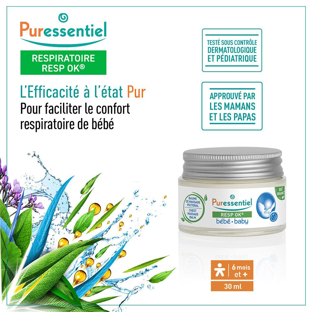 PURESSENTIEL RESPIRATOIRE Baume de massage pectoral Bébé Resp'OK® - 30 ml