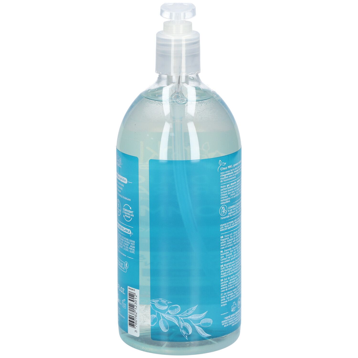 Dos d'un flacon transparent de gel douche bleu. Étiquette avec informations sur le produit. Avec pompe.