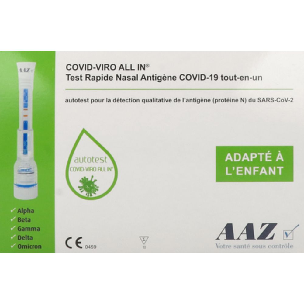 Boîte de test AAZ Autotest enfant COVID-19. Inscription: COVID-VIRO ALL IN, Test Rapide Nasal Antigène. Marque CE.