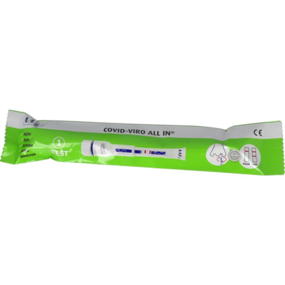 Emballage du test AAZ Autotest enfant COVID-19. Inscription: COVID-VIRO ALL IN. Bandelette avec lignes colorées, marquage CE.