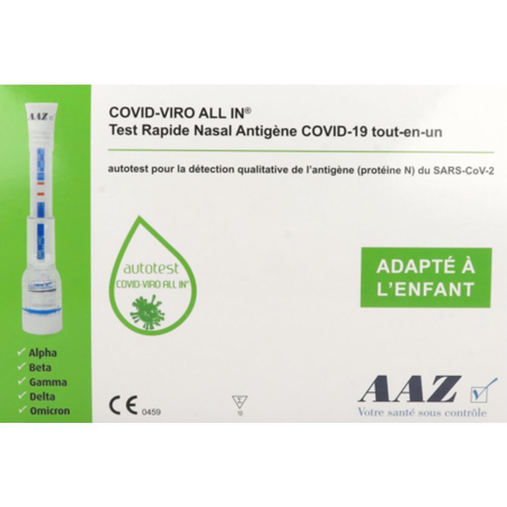 Boîte de test AAZ Autotest enfant COVID-19. Inscription: COVID-VIRO ALL IN, Test Rapide Nasal Antigène. Marque CE.