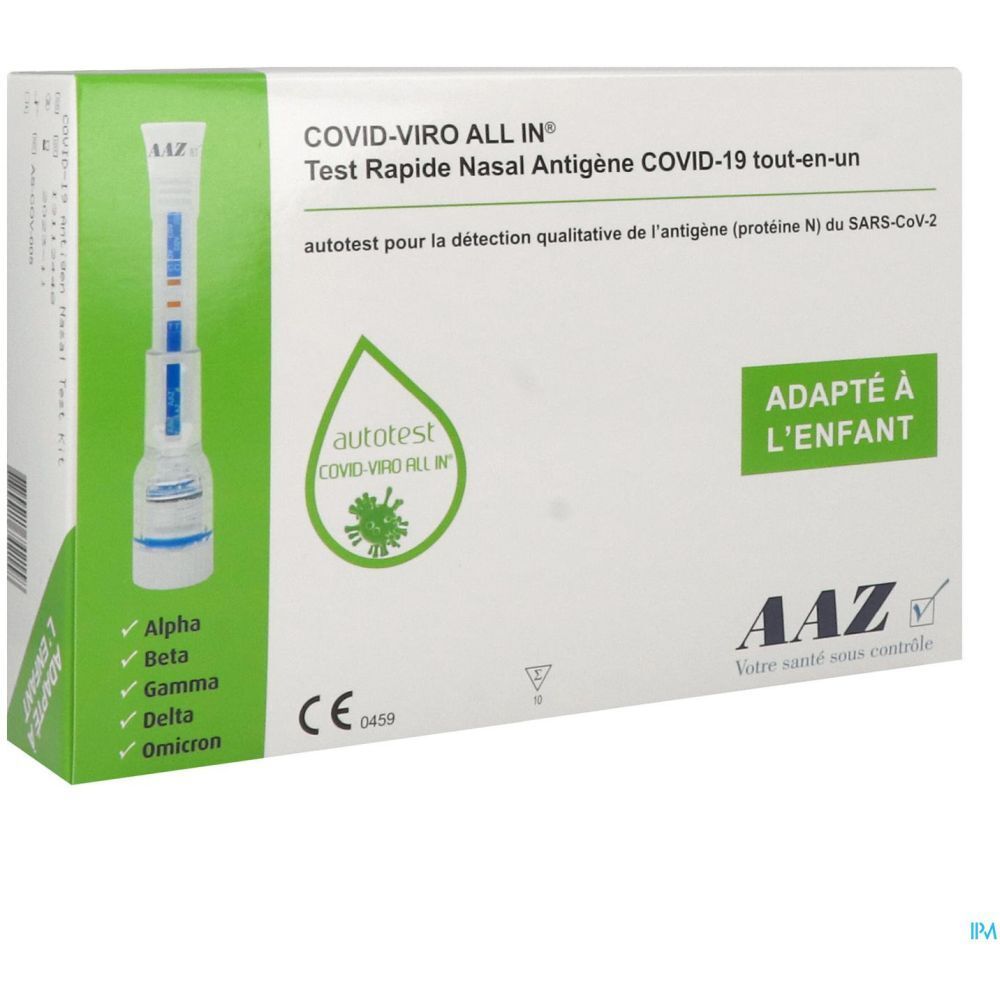 Boîte de test AAZ Autotest enfant COVID-19. Inscription: COVID-VIRO ALL IN, Test Rapide Nasal Antigène. Marque CE.