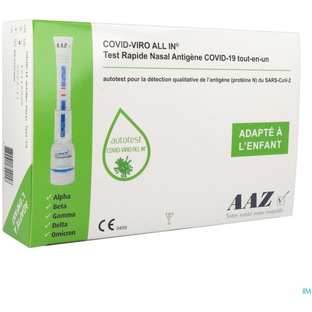 Boîte de test AAZ Autotest enfant COVID-19. Inscription: COVID-VIRO ALL IN, Test Rapide Nasal Antigène. Marque CE.