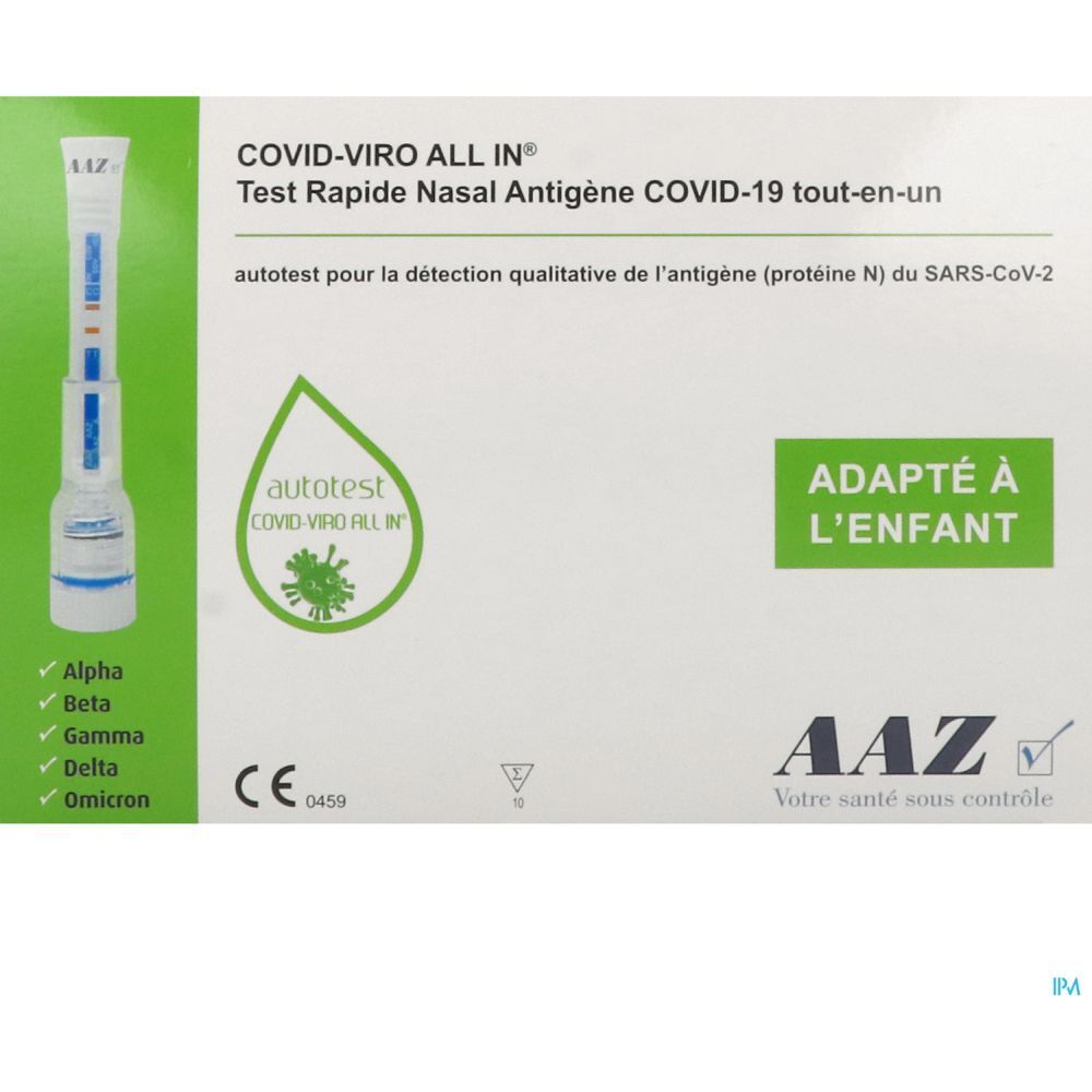 Boîte de test AAZ Autotest enfant COVID-19. Inscription: COVID-VIRO ALL IN, Test Rapide Nasal Antigène. Marque CE.
