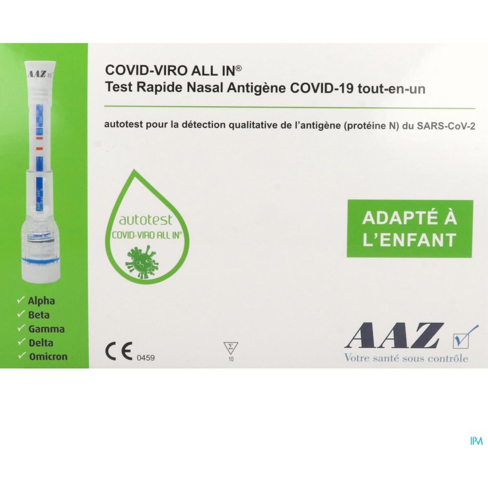 Boîte de test AAZ Autotest enfant COVID-19. Inscription: COVID-VIRO ALL IN, Test Rapide Nasal Antigène. Marque CE.