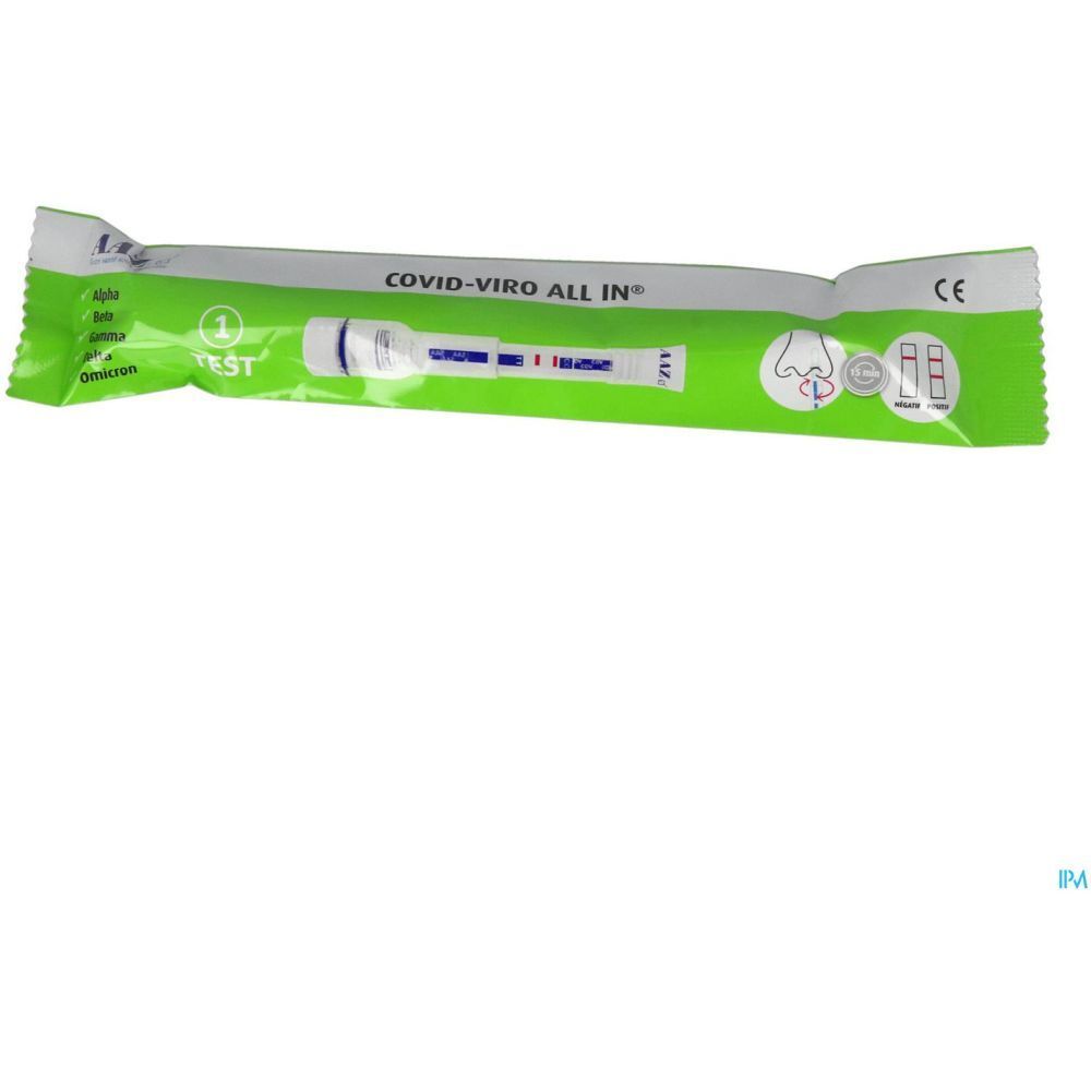Emballage du test AAZ Autotest enfant COVID-19. Inscription: COVID-VIRO ALL IN. Bandelette avec lignes colorées, marquage CE.