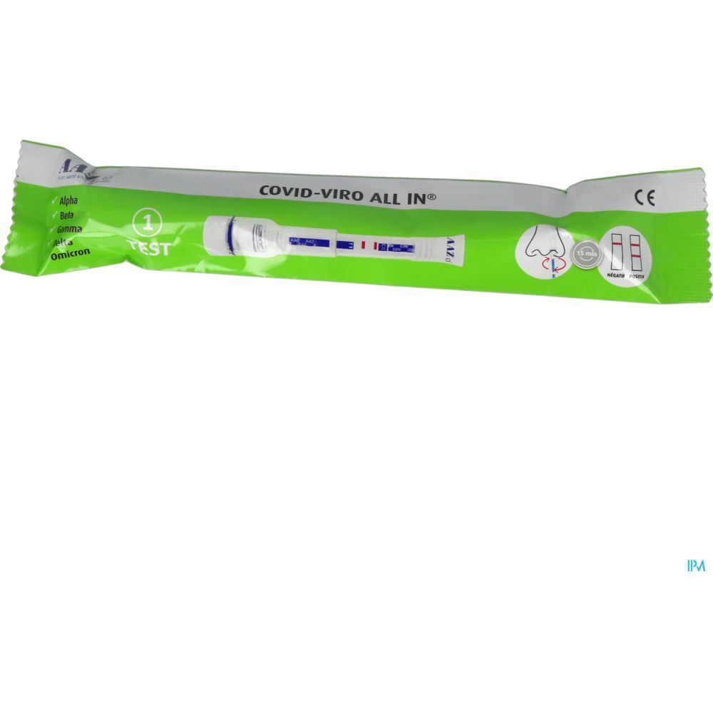 Emballage du test AAZ Autotest enfant COVID-19. Inscription: COVID-VIRO ALL IN. Bandelette avec lignes colorées, marquage CE.