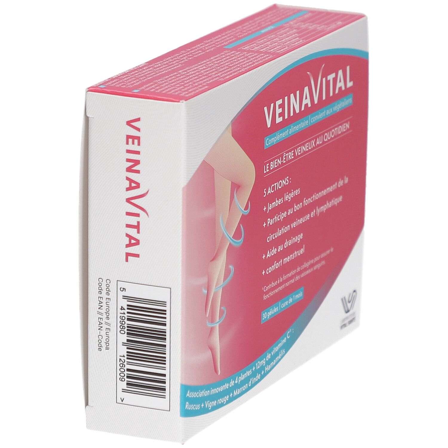 Vue latérale de la boîte VEINAVITAL. Emballage rouge et blanc avec informations produit et code-barres.