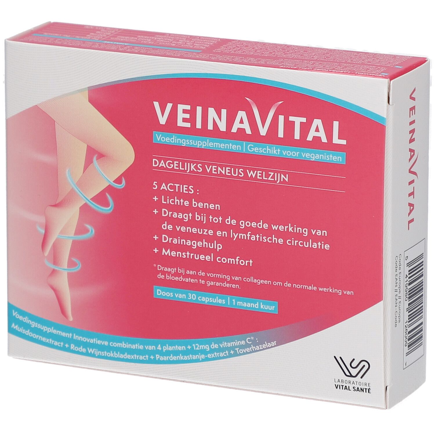 Boîte VEINAVITAL. Emballage rouge et blanc avec nom du produit et illustration de jambes. Contient 30 gélules.