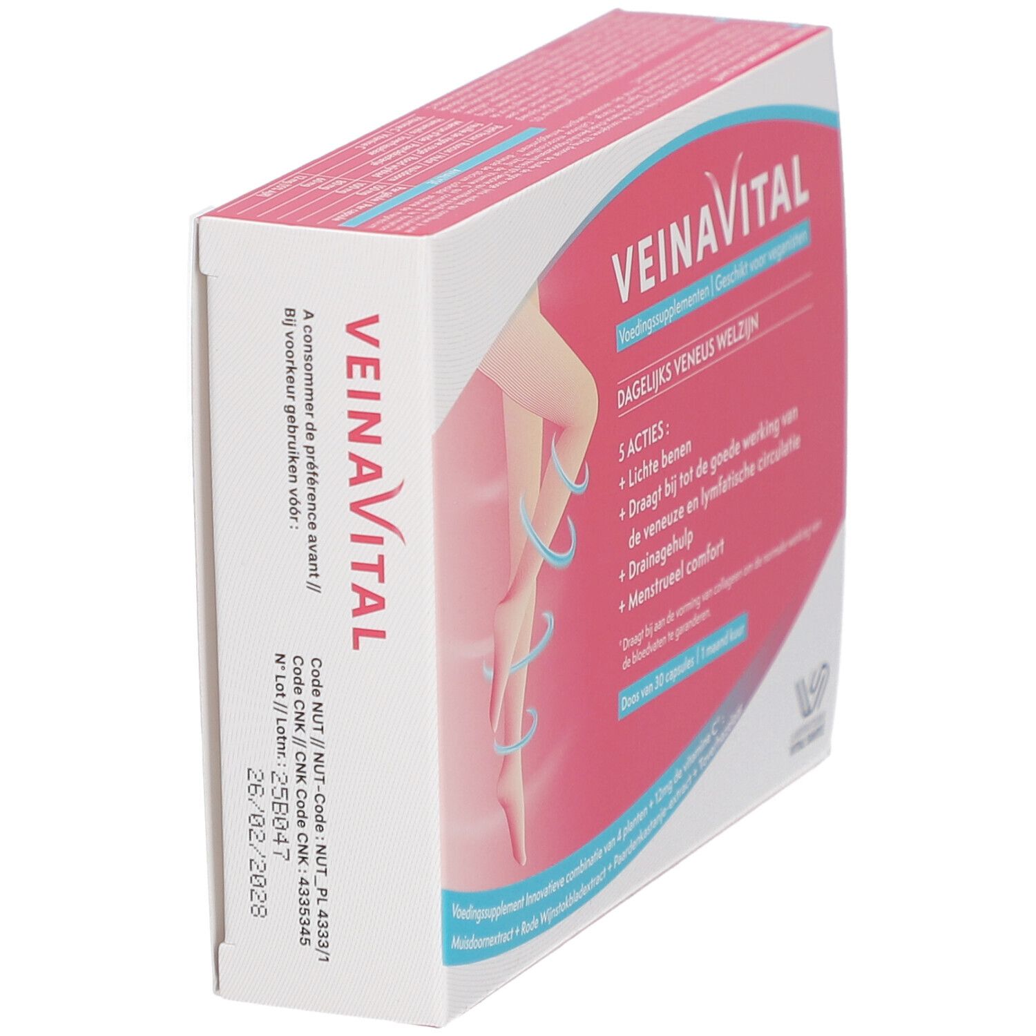 Vue latérale de la boîte VEINAVITAL. Emballage rouge et blanc avec informations produit.