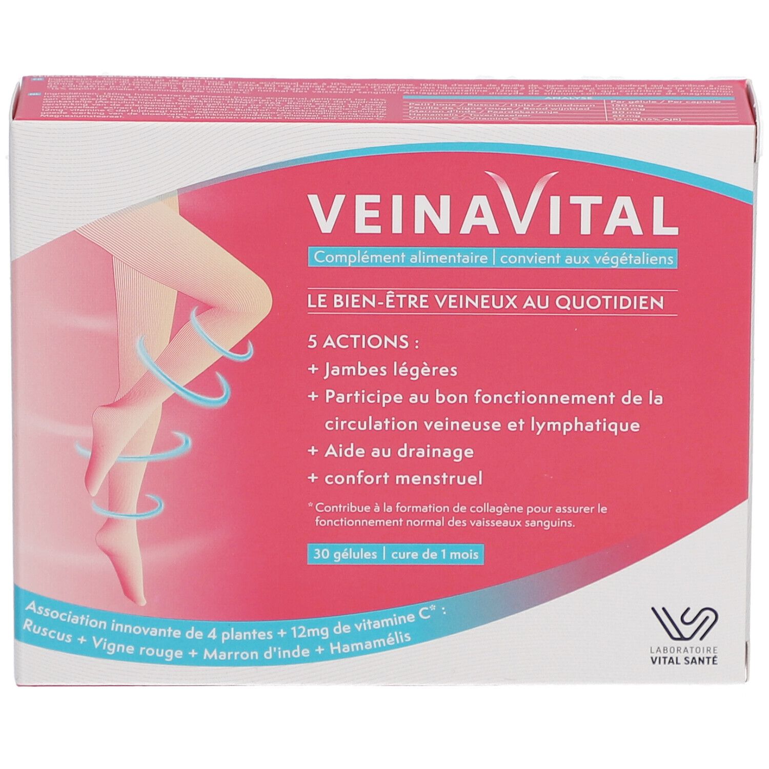 Boîte VEINAVITAL. Emballage rouge et blanc avec nom du produit et illustration de jambes. Contient 30 gélules.