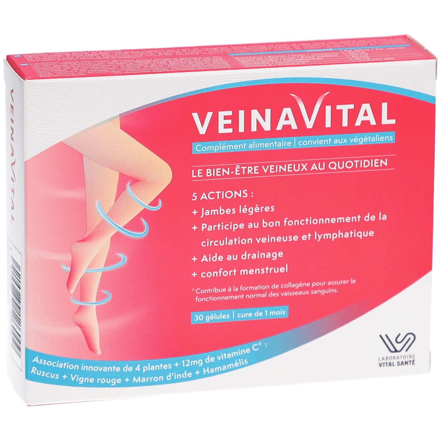 Boîte VEINAVITAL. Emballage rouge et blanc avec nom du produit et illustration de jambes. Contient 30 gélules.