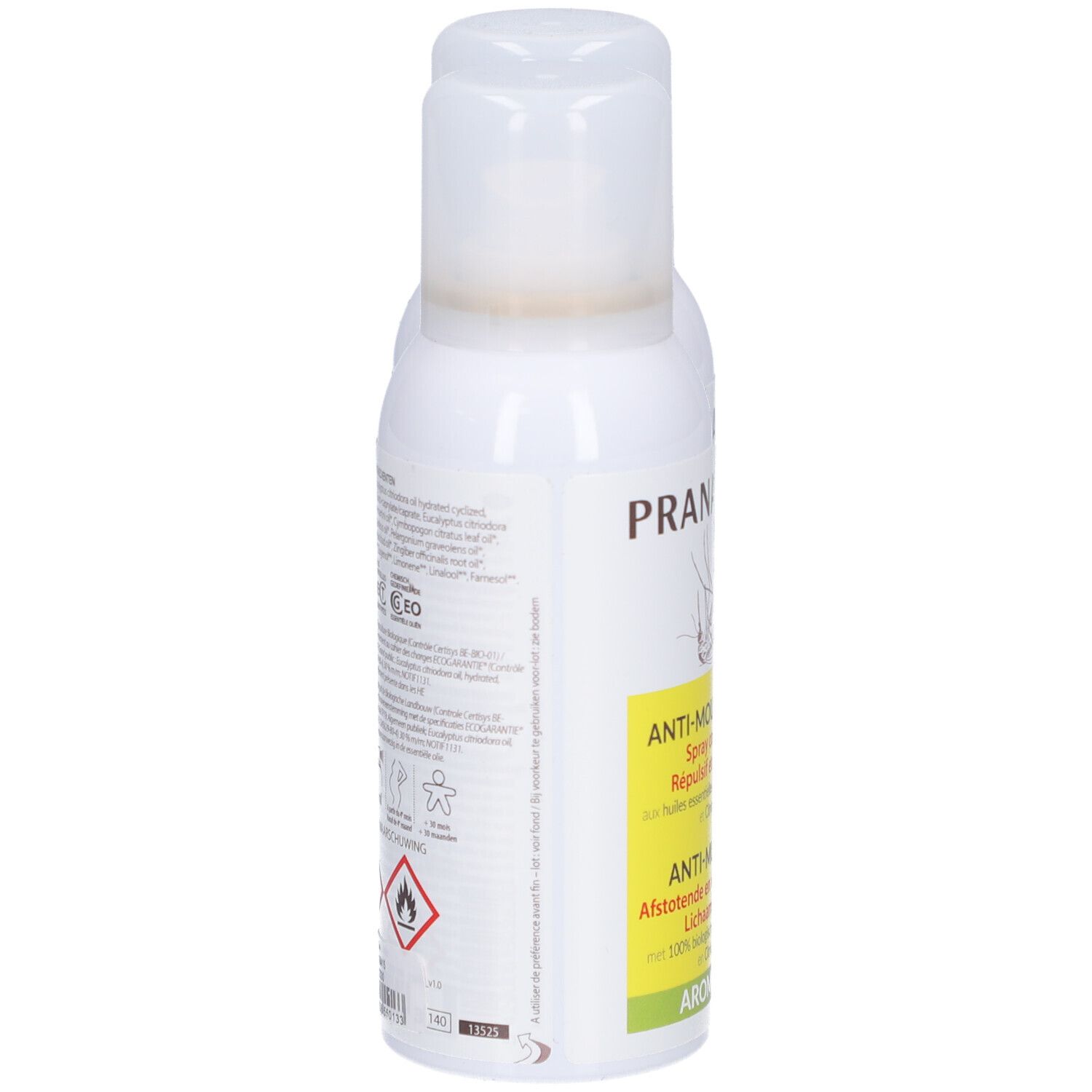 Spray blanc avec étiquettes jaunes et vertes. Inscription: Pranarôm, Anti-Moustiques. Avec tête de pulvérisation.