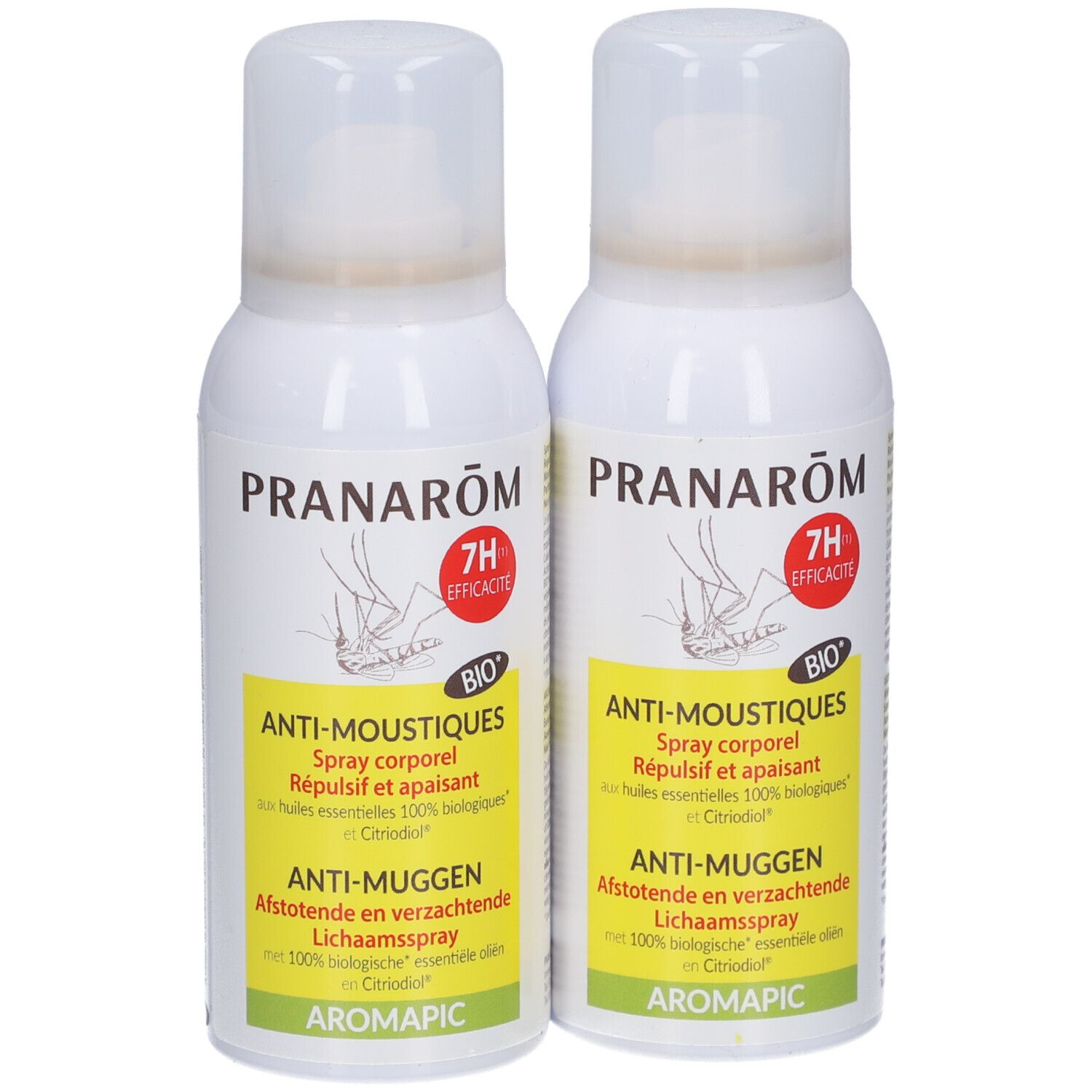 Deux flacons spray blancs avec étiquettes jaunes. Texte: PRANAROM, ANTI-MOUSTIQUES, 7H EFFICACITÉ, BIO. Contient Citriodiol.