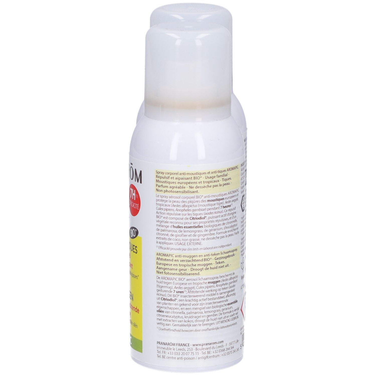 Spray blanc avec étiquettes jaunes et vertes. Inscription: Pranarôm, Anti-Moustiques. Avec tête de pulvérisation.