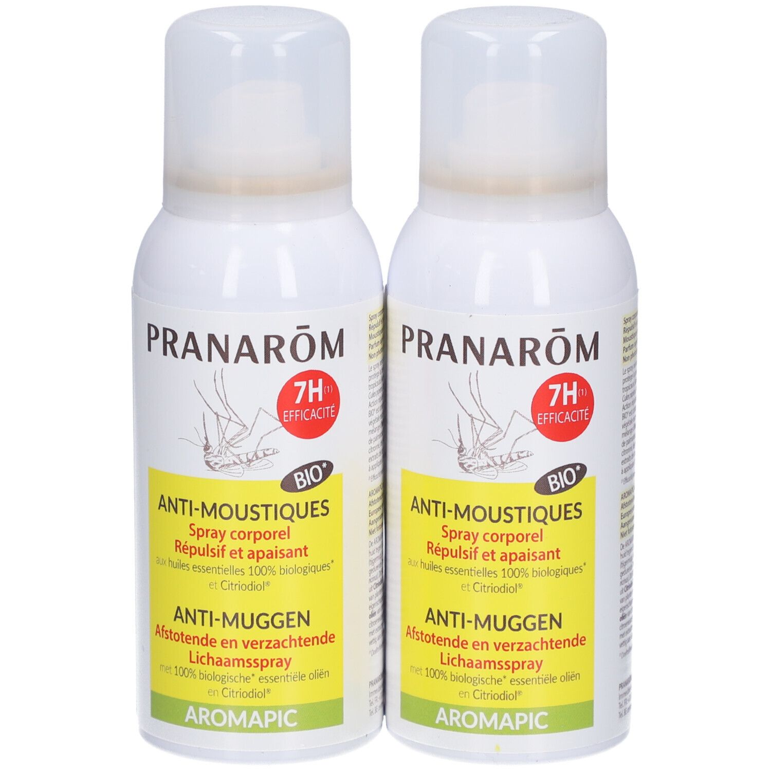 Deux sprays blancs avec des accents jaunes et verts. Inscription: Pranarôm, Anti-Moustiques, Bio. Avec tête de pulvérisation.