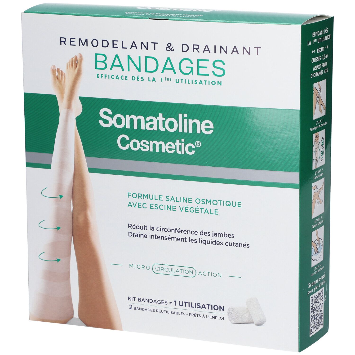 Boîte Somatoline Cosmetic® Bandages. Emballage vert et blanc avec image et texte. Contient 2 bandages.
