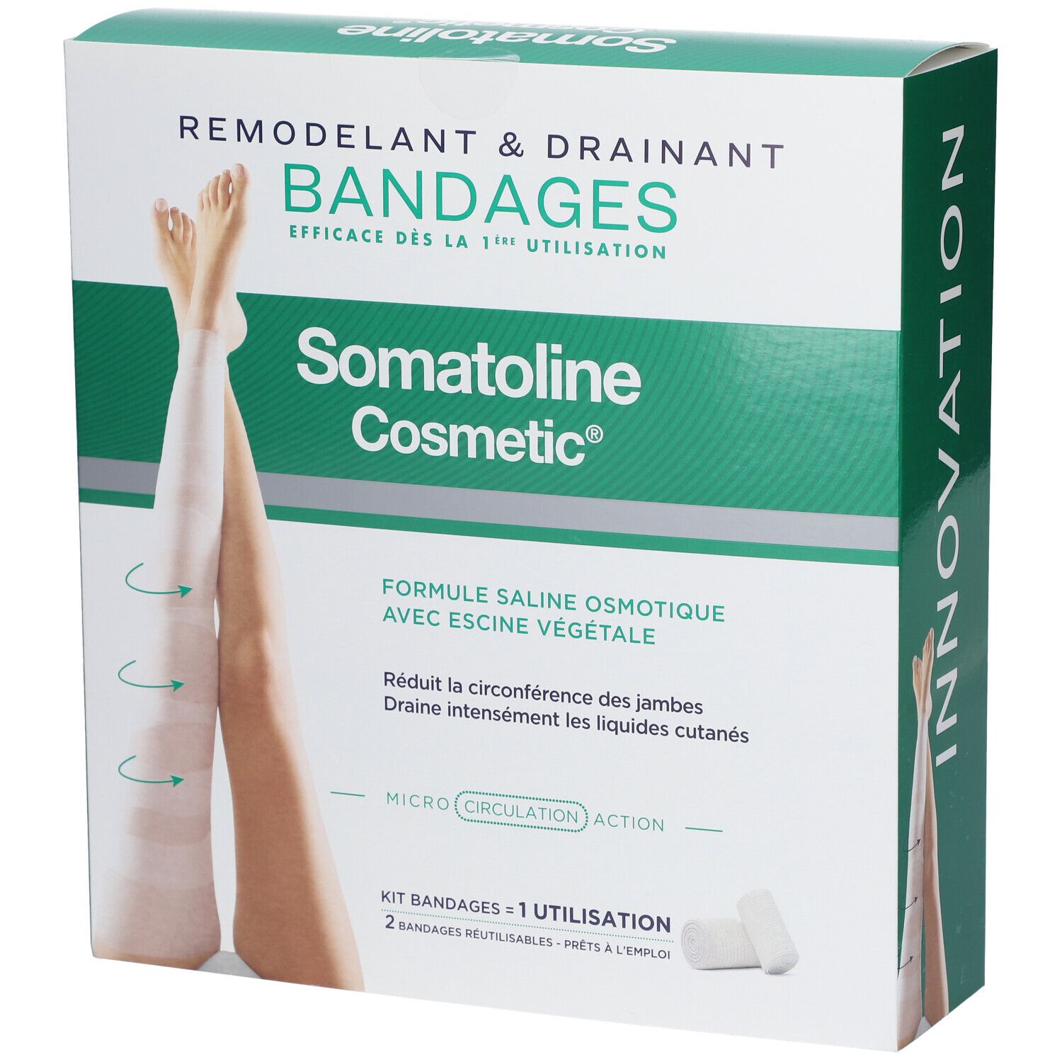 Boîte Somatoline Cosmetic® Bandages. Emballage vert et blanc avec image et texte. Contient 2 bandages.