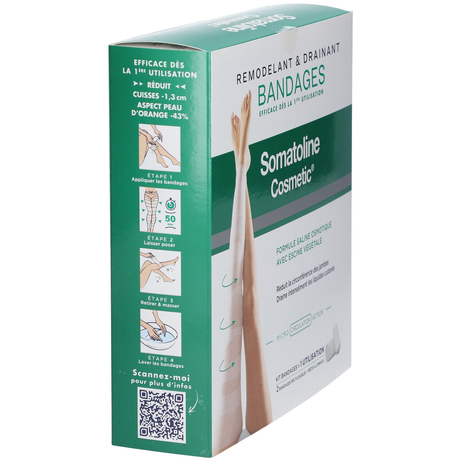 Boîte Somatoline Cosmetic® Bandages. Emballage vert et blanc avec image et texte. Contient 2 bandages.