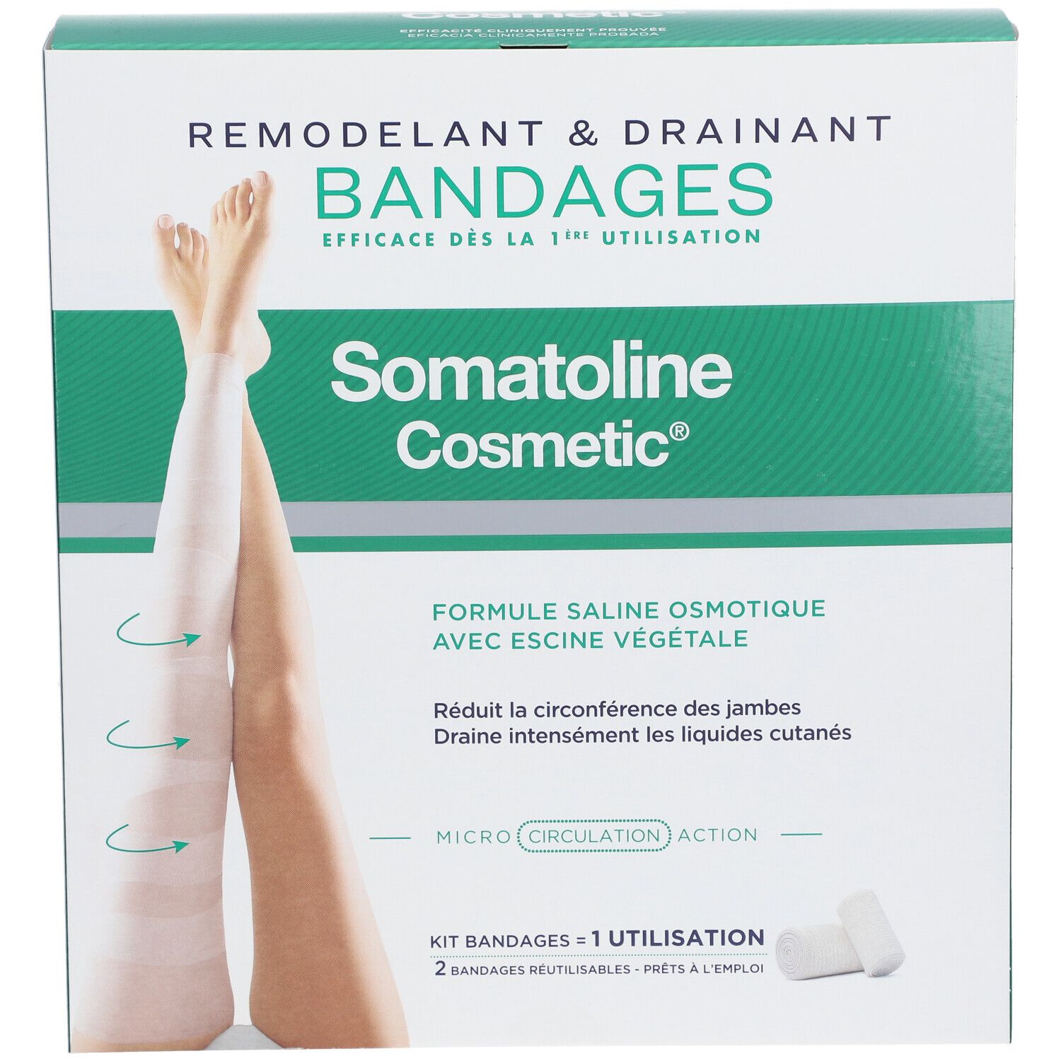 Boîte Somatoline Cosmetic® Bandages. Emballage vert et blanc avec image et texte. Contient 2 bandages.
