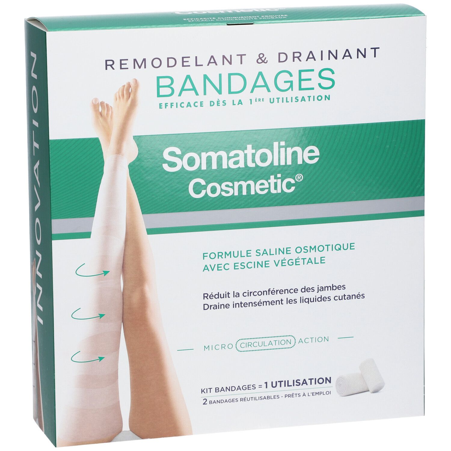 Boîte Somatoline Cosmetic® Bandages. Emballage vert et blanc avec image et texte. Contient 2 bandages.