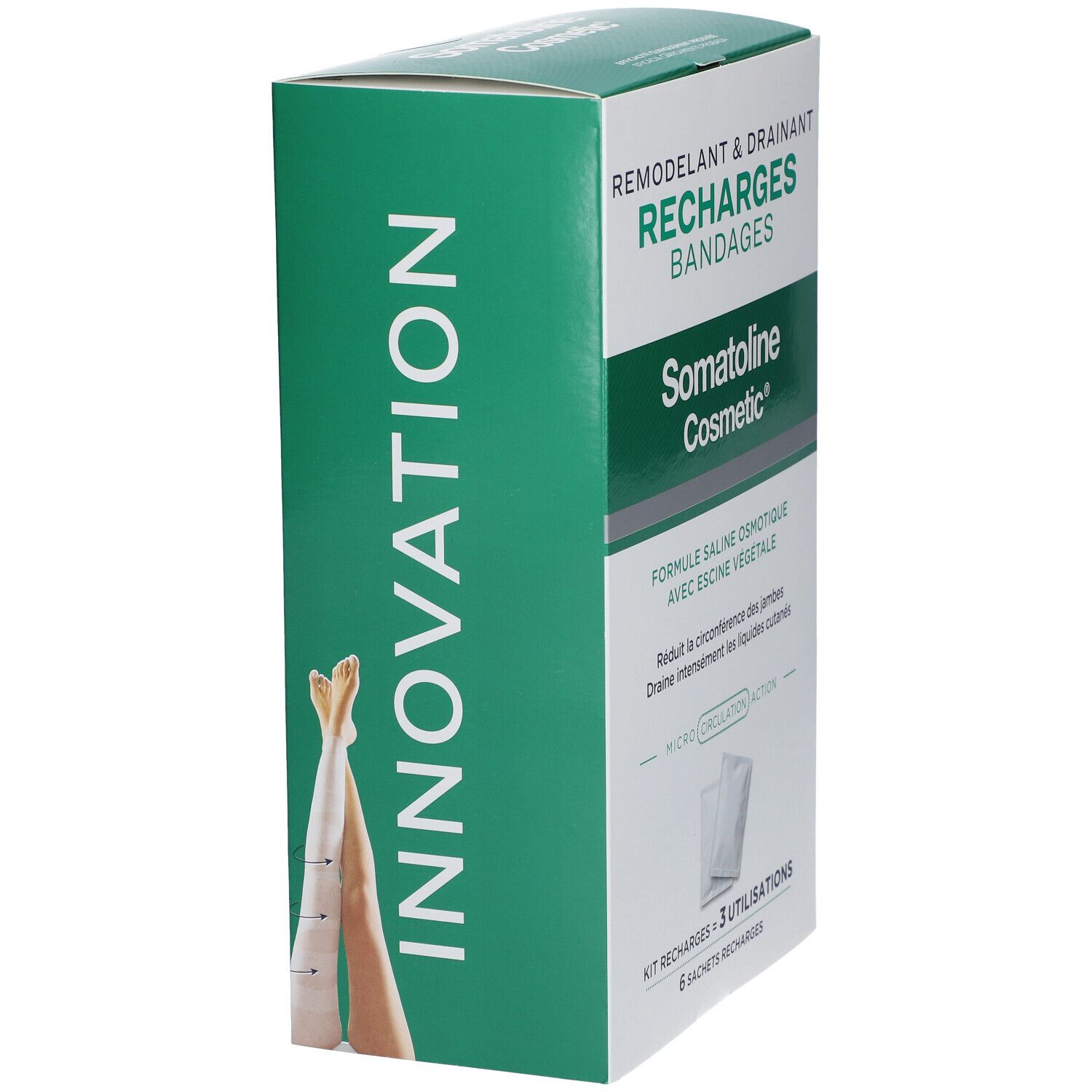 Boîte Somatoline Cosmetic Recharges Bandages Remodelant & Drainant, avec inscription 'Innovation'.
