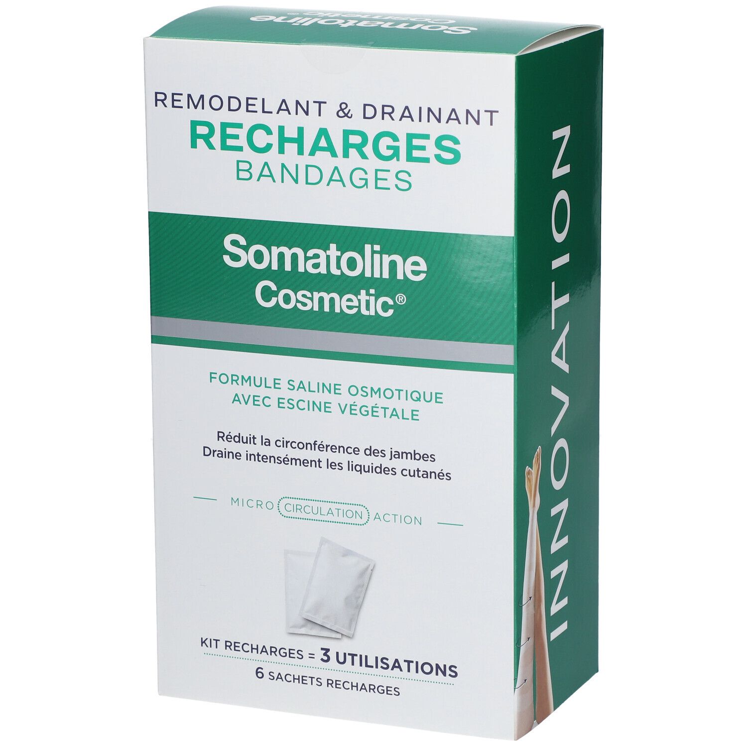Boîte Somatoline Cosmetic Recharges Bandages Remodelant & Drainant, avec inscription 'Innovation'.