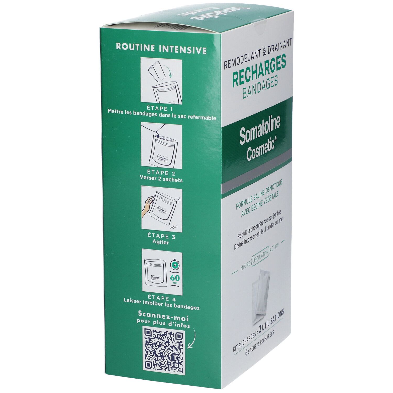 Boîte Somatoline Cosmetic Recharges Bandages Remodelant & Drainant, avec étapes d'application.