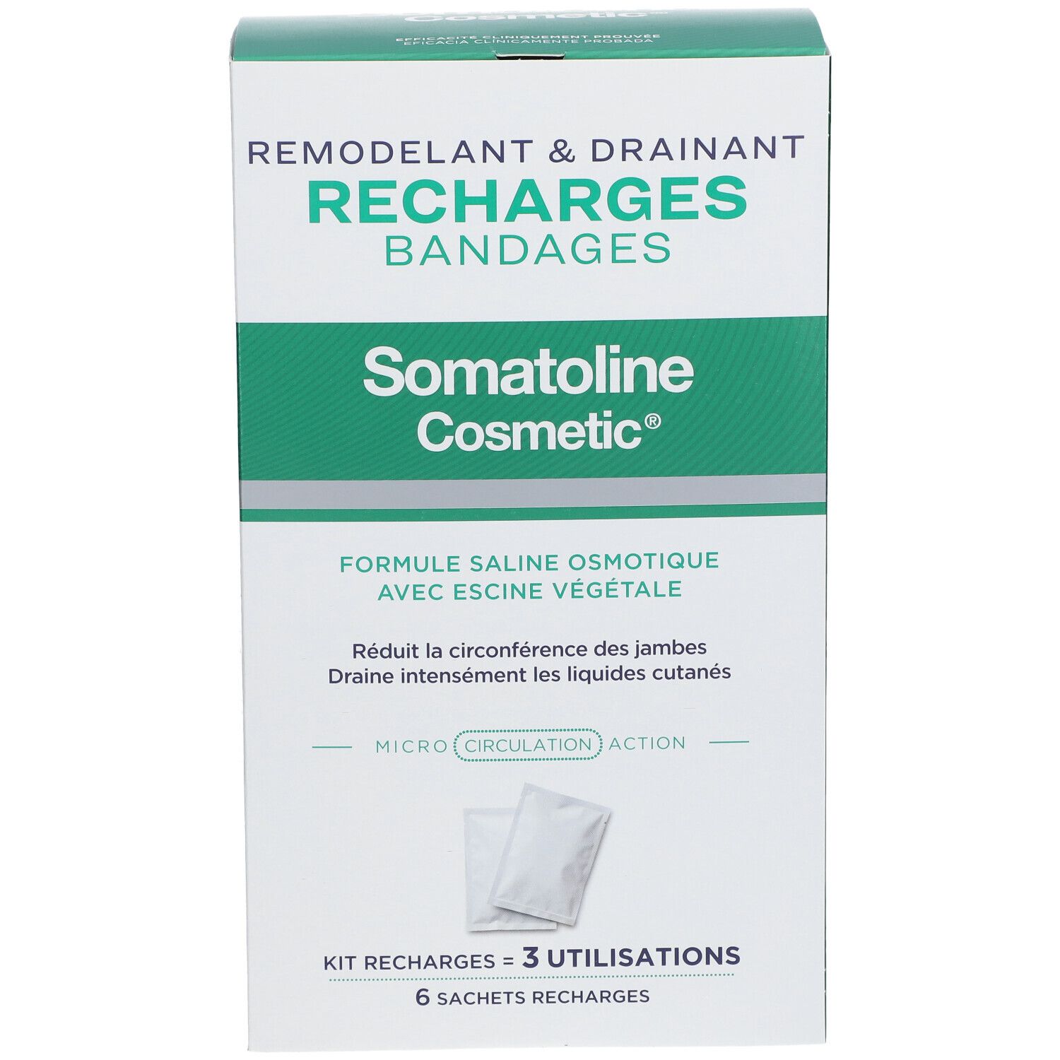 Boîte Somatoline Cosmetic Recharges Bandages Remodelant & Drainant, 6 sachets.