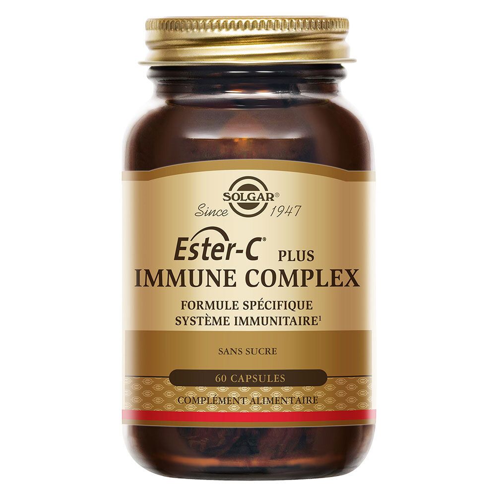 Flacon en verre brun, bouchon doré. Étiquette avec nom du produit et logo. 60 gélules.