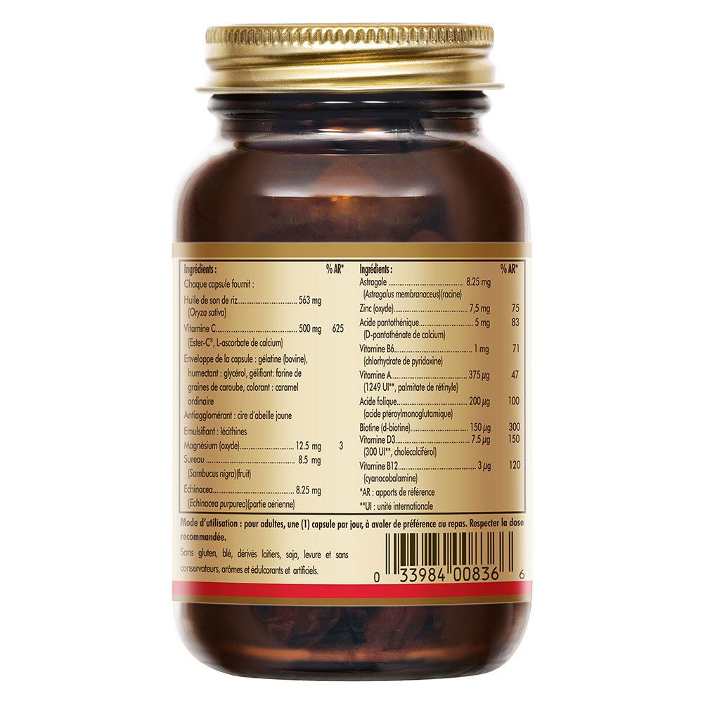 Dos du flacon. Liste des ingrédients sur l'étiquette. Flacon brun, bouchon doré.