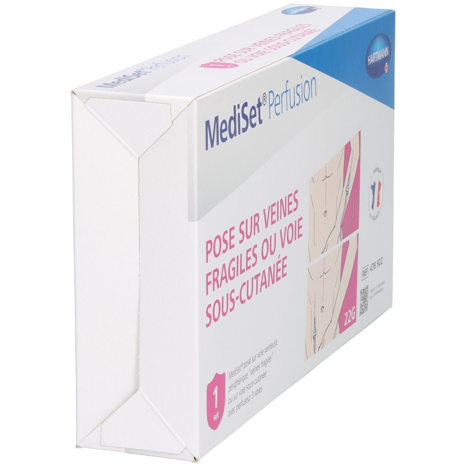 Boîte Mediset Perfusion, vue en biais. Inscription : Pose sur veines fragiles ou voie sous-cutanée. Logo du fabricant.