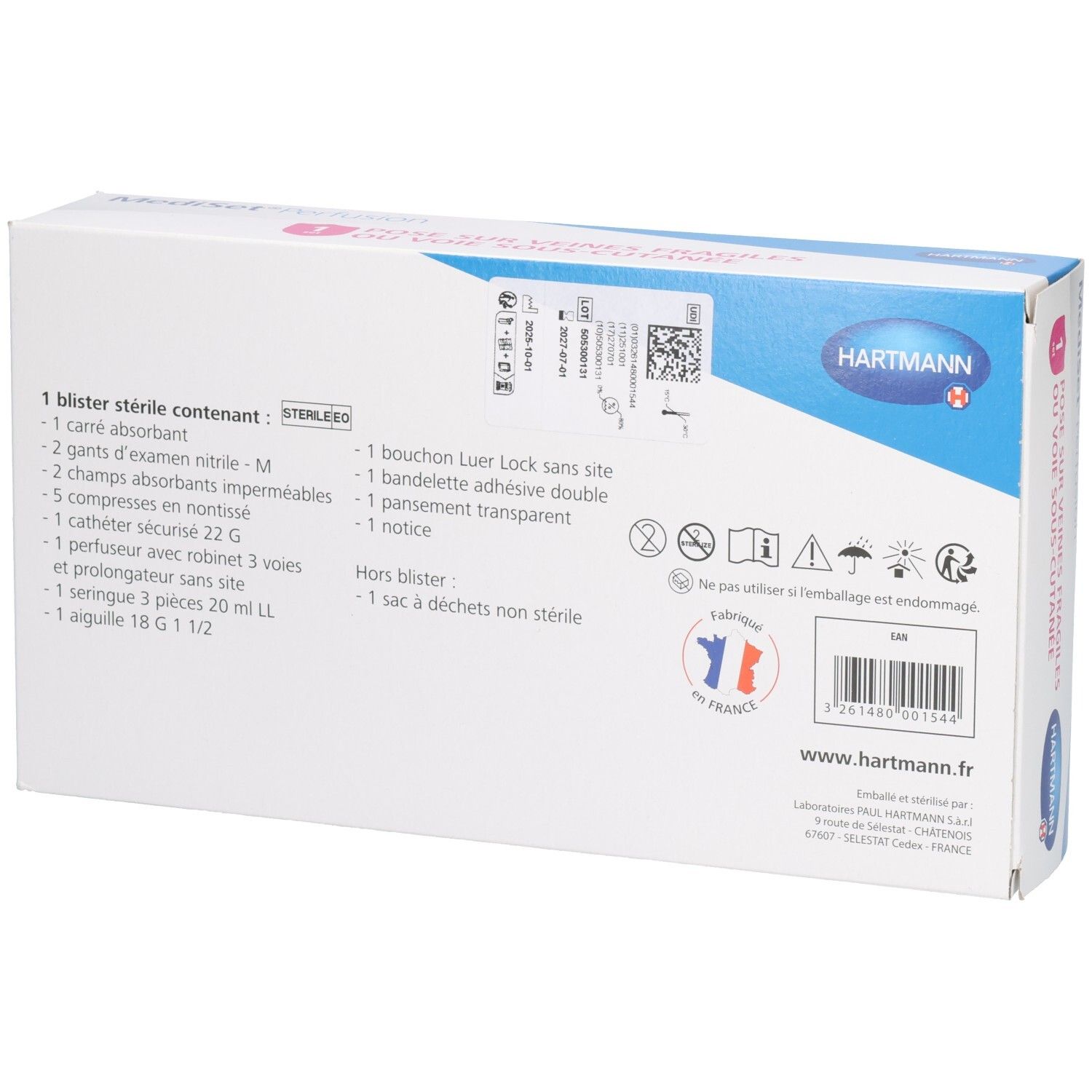 Arrière de la boîte Mediset Perfusion avec liste du contenu et informations fabricant.